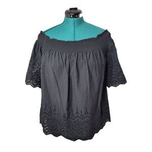 H&M Off The Shoulder Eyelet‎ Top Size 8 Black Short Sleeve Embroidered Ruffle